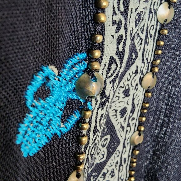 O'Neill Black Sleeveless Dress L Boho Embroidered Beaded Trim 33" Long Cotton Li - Picture 6 of 9